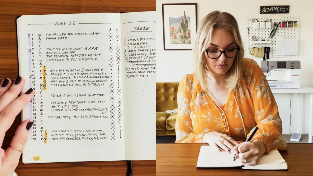 Femme seul assise écrivant dans un carnet pour retrouver sa motivation